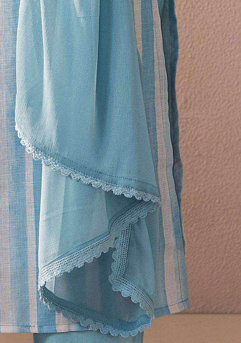 Blue Printed Linen Kurta Set - Indya