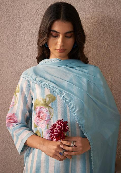 Blue Printed Linen Kurta Set — view on Indya