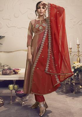 Peach Yoke Design Organza Kurta Set