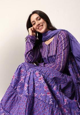 Purple Printed Cotton Kurta Set