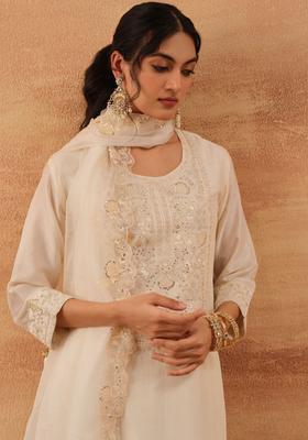 Off White Embroidered Silk Blend Kurta Set