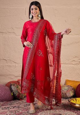 Red Printed Silk Kurta Set