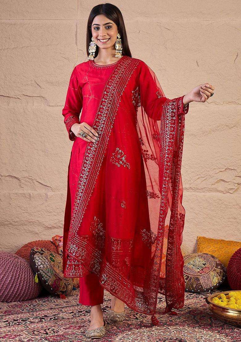 Red Printed Silk Blend Kurta Set - Indya