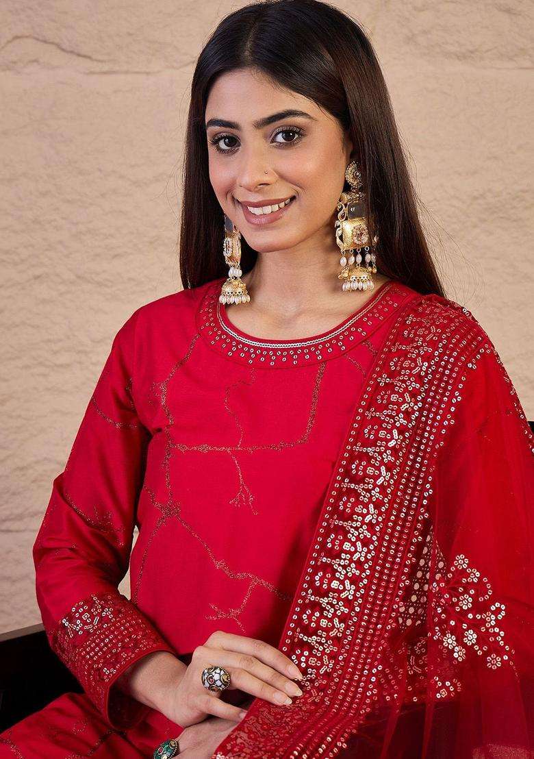 Red Printed Silk Blend Kurta Set - Indya