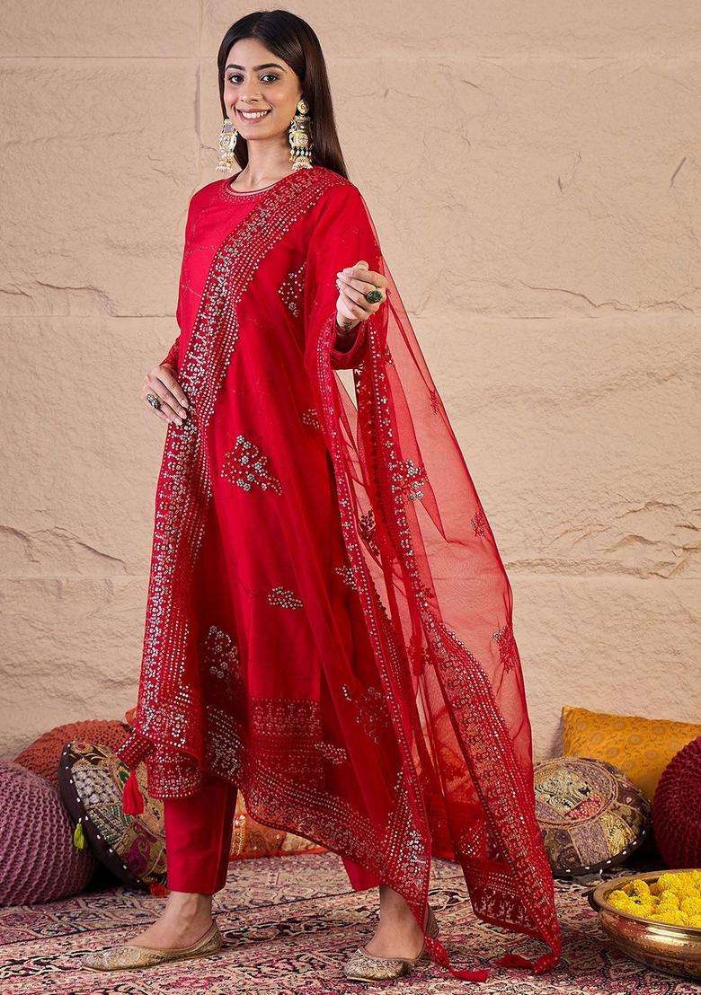 Red Printed Silk Blend Kurta Set - Indya