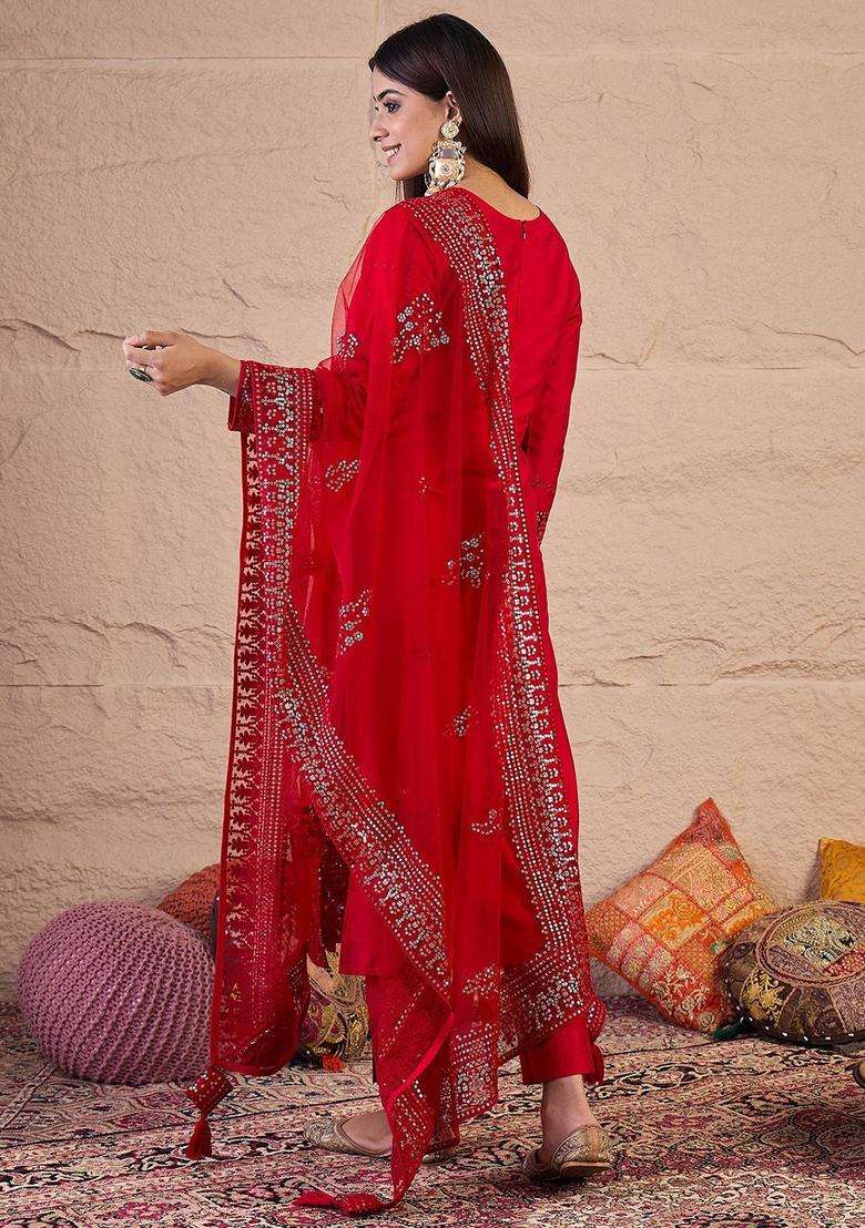 Red Printed Silk Blend Kurta Set - Indya