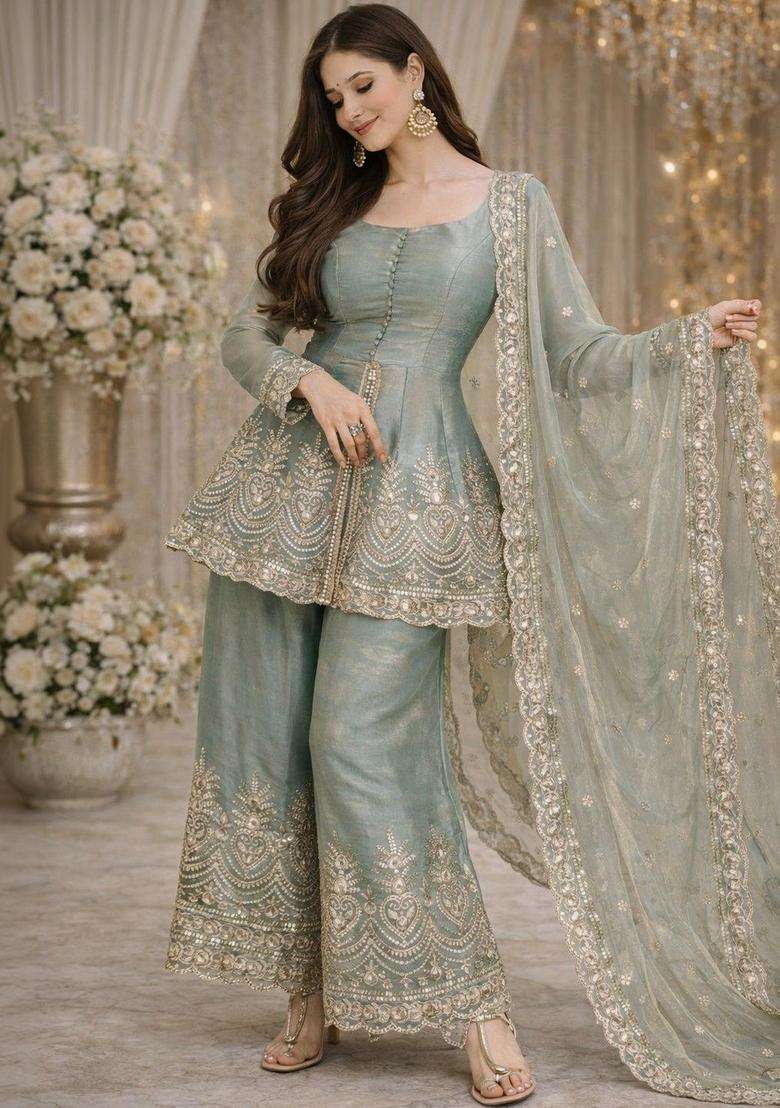 Sea Green Embroidered Silk Blend Kurta Set - Indya