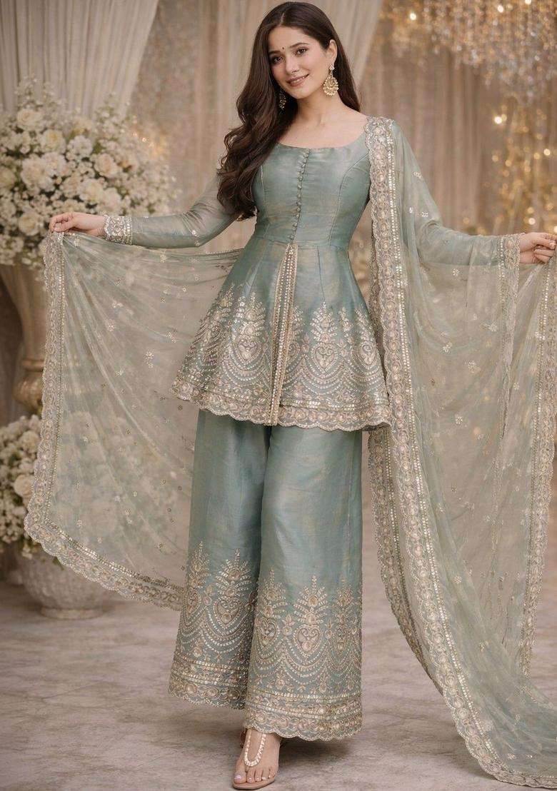 Sea Green Embroidered Silk Blend Kurta Set - Indya