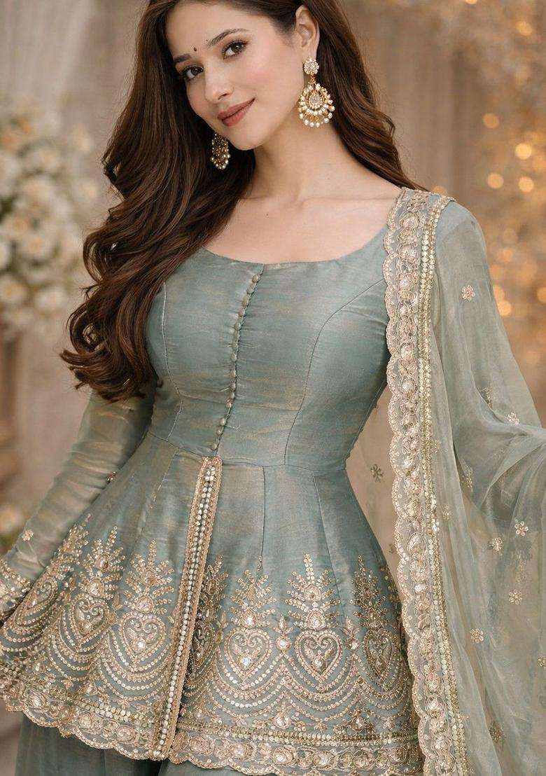 Sea Green Embroidered Silk Blend Kurta Set - Indya