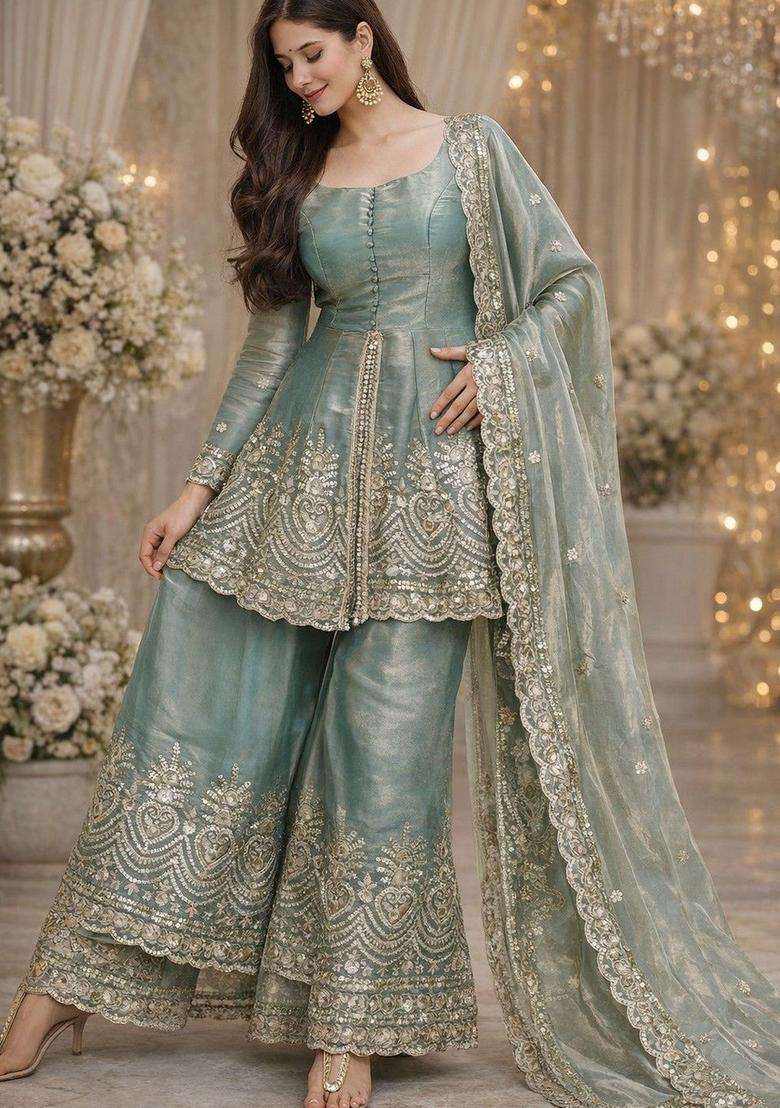 Sea Green Embroidered Silk Blend Kurta Set - Indya