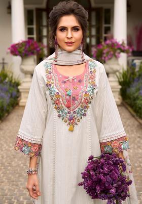 Off White Embroidered Cotton Kurta Set