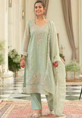 Sea Green Embroidered Silk Kurta Set