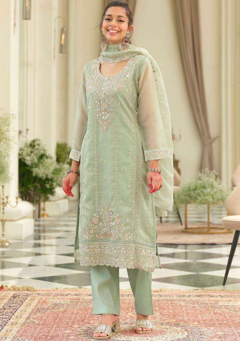 Sea Green Embroidered Silk Blend Kurta Set - Indya