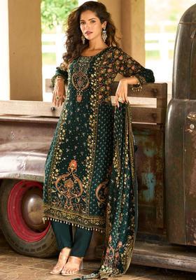 Green Printed Silk Kurta Set