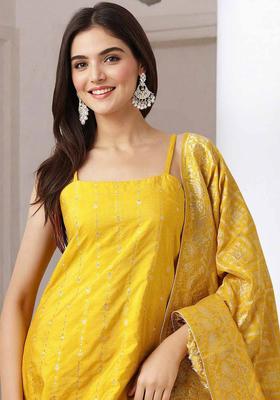 Yellow Printed Polyester Kurta Set