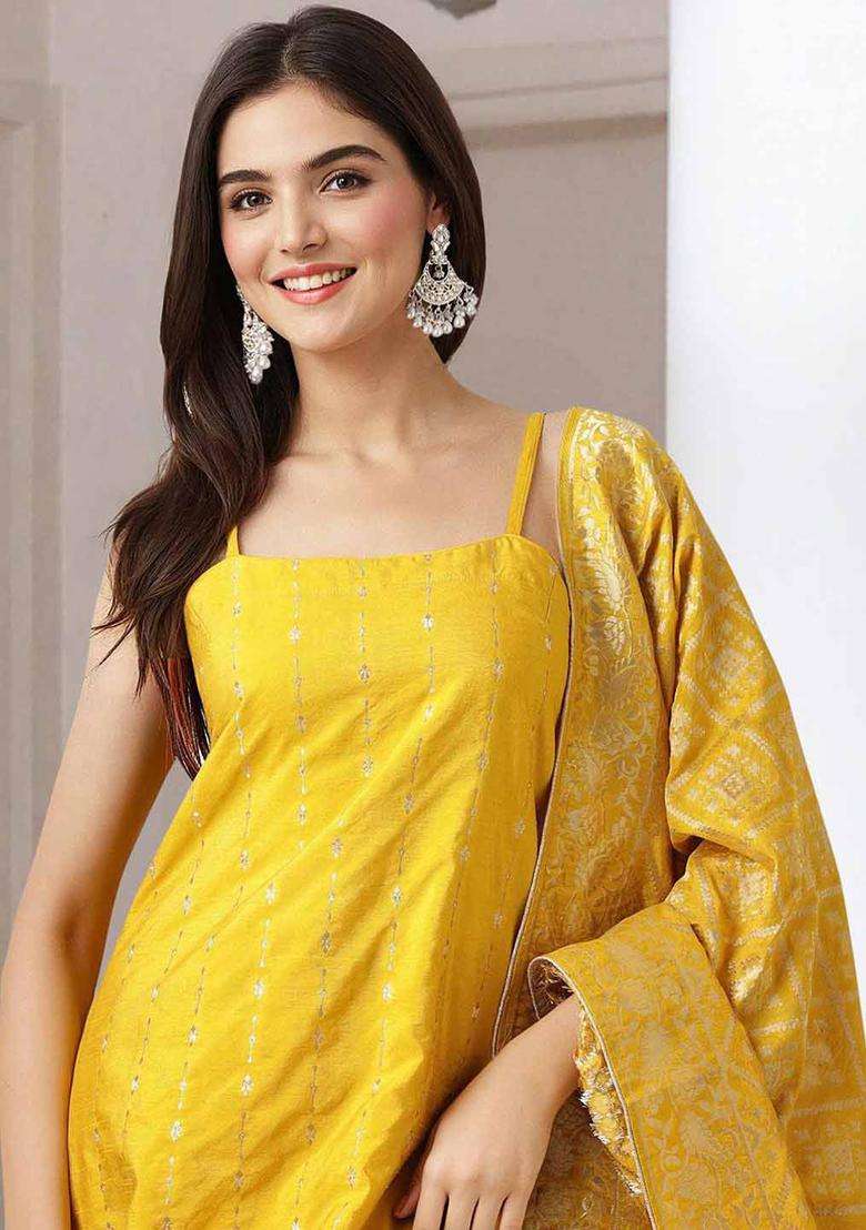 Yellow Printed Polyester Kurta Set - Indya