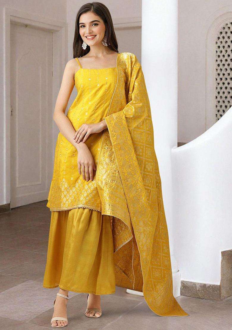 Yellow Printed Polyester Kurta Set - Indya