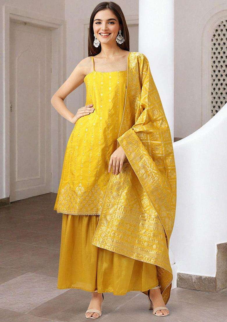 Yellow Printed Polyester Kurta Set - Indya