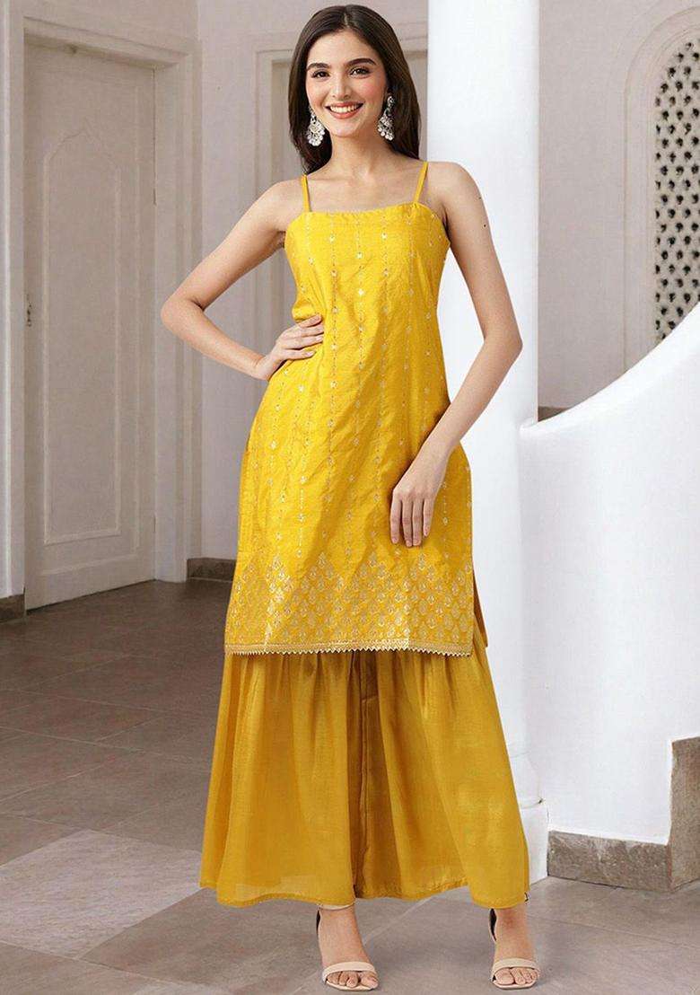 Yellow Printed Polyester Kurta Set - Indya
