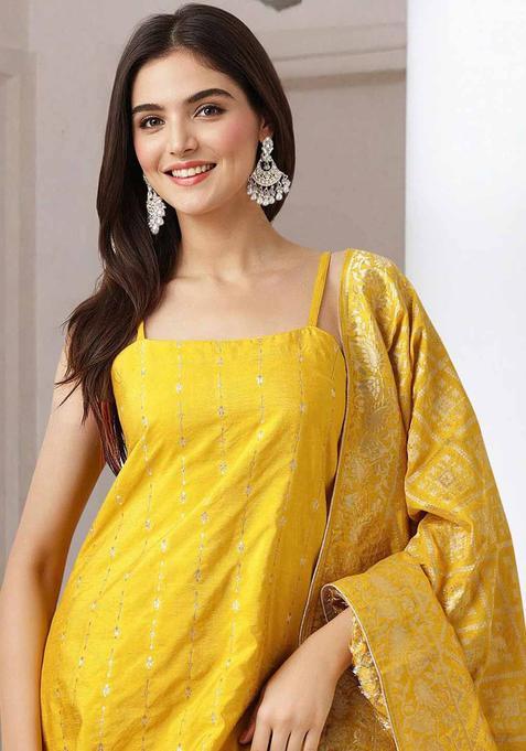 Yellow Printed Polyester Kurta Set — view on Indya