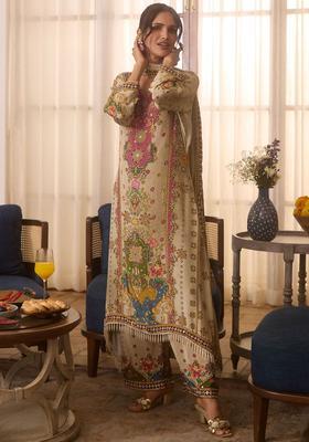 Brown Embroidered Silk Blend Kurta Set