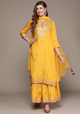 Yellow Embroidered Silk Sharara Set