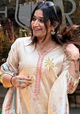 Cream Embroidered Silk Blend Kurta Set