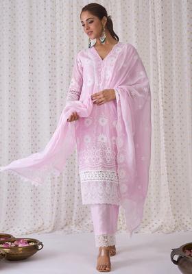 Lavender Embroidered Cotton Kurta Set