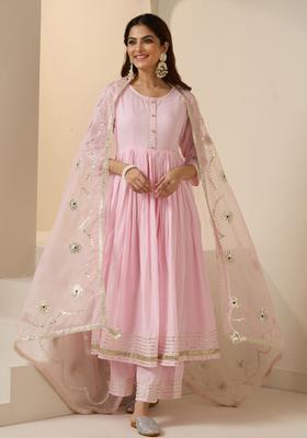 Pink Embroidered Cotton Anarkali Set
