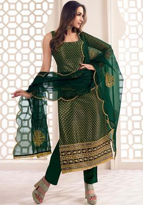 Green Woven Design Silk Blend Kurta Set