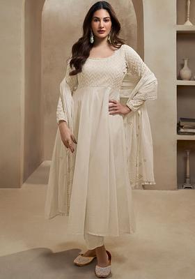 Off White Embroidered Cotton Anarkali Set