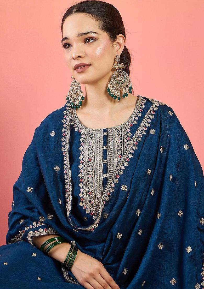 Navy Blue Embroidered Silk Blend Kurta Set - Indya