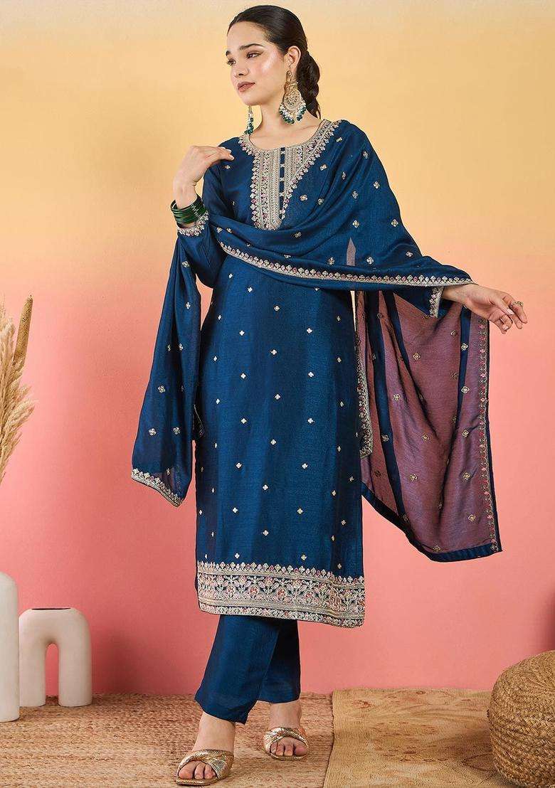 Navy Blue Embroidered Silk Blend Kurta Set - Indya