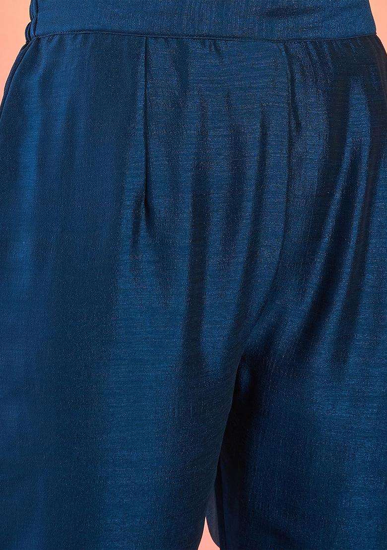 Navy Blue Embroidered Silk Blend Kurta Set - Indya