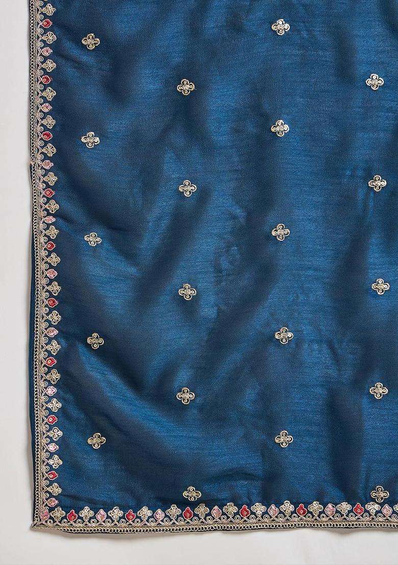 Navy Blue Embroidered Silk Blend Kurta Set - Indya