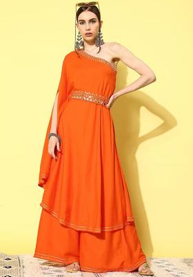 Orange Solid Viscose Kurta Set