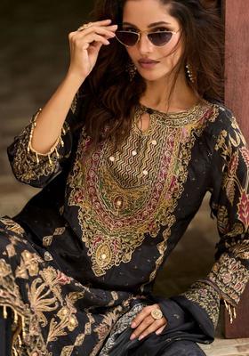 Black Printed Silk Blend Kurta Set