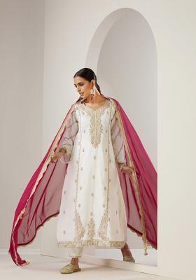 Off White Embroidered Chinon Kurta Set