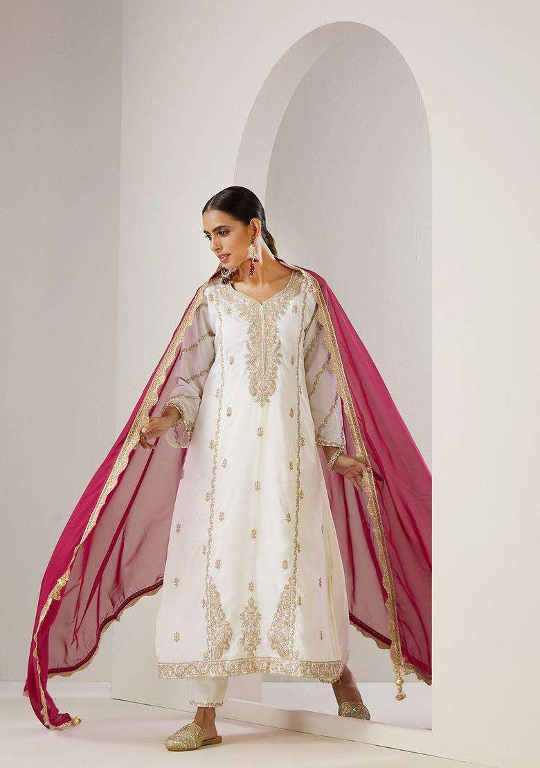 Off White Embroidered Chinon Kurta Set - Indya