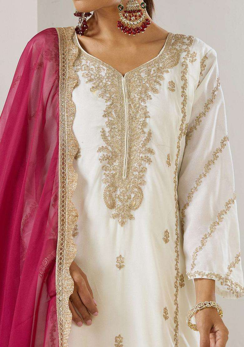 Off White Embroidered Chinon Kurta Set - Indya