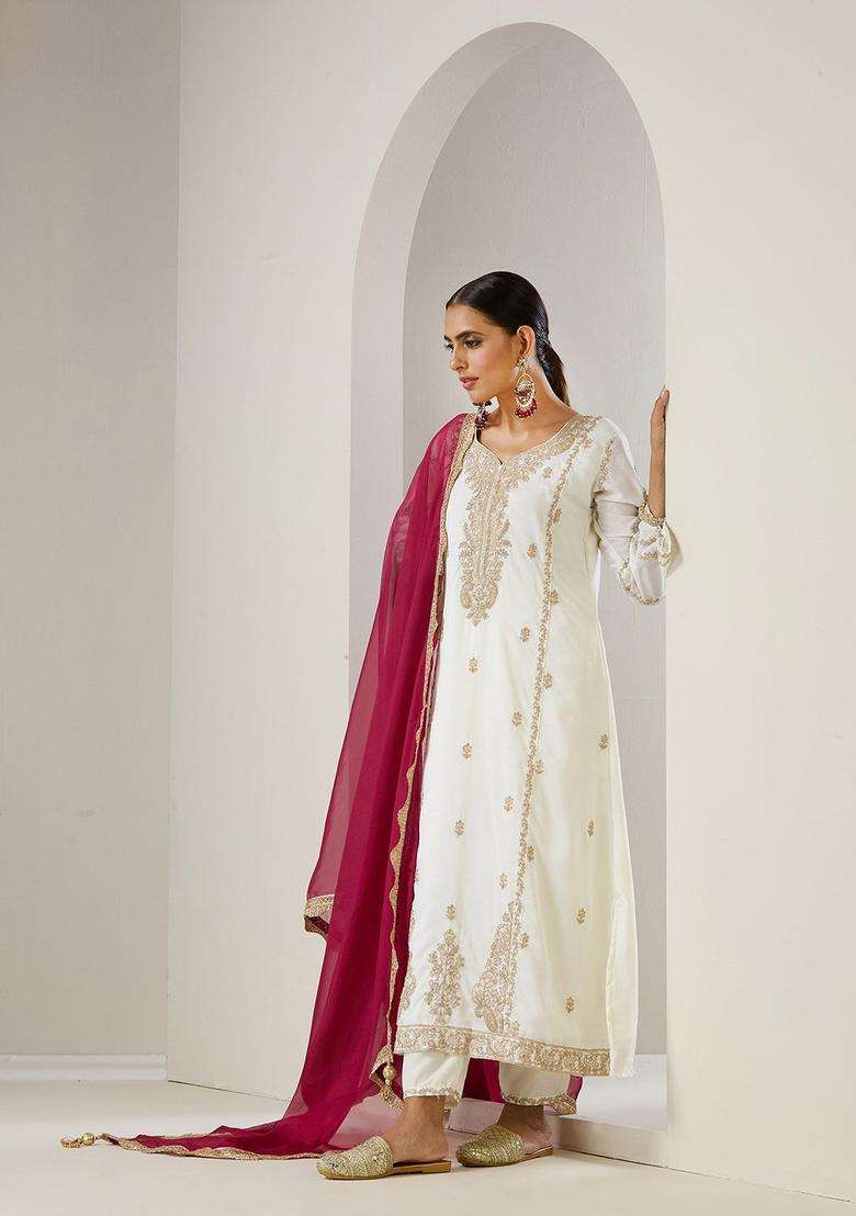 Off White Embroidered Chinon Kurta Set - Indya