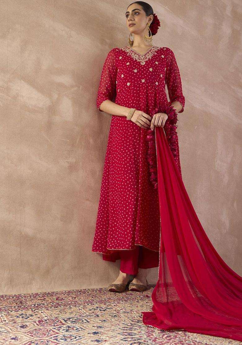 Red Printed Georgette Anarkali Set - Indya