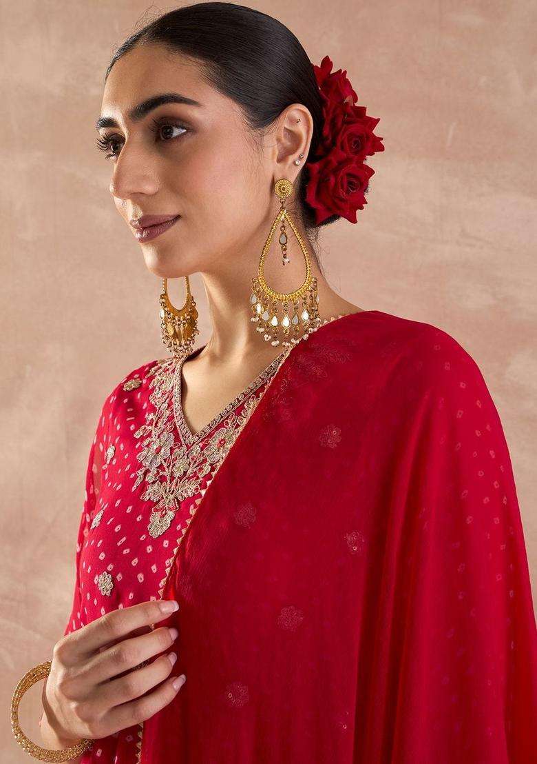 Red Printed Georgette Anarkali Set - Indya