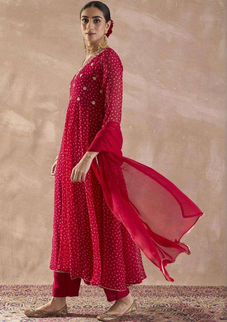 Red Printed Georgette Anarkali Set - Indya