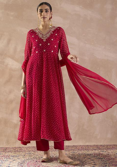 Red Printed Georgette Anarkali Set — view on Indya