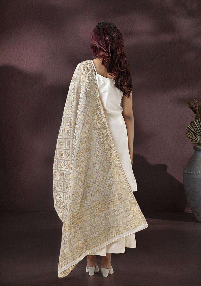 Off White Woven Design Silk Sharara Set - Indya