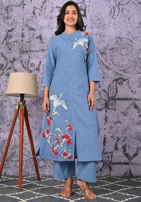 Turquoise Blue Embroidered Cotton Kurta Set