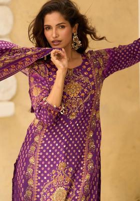 Purple Printed Silk Kurta Set