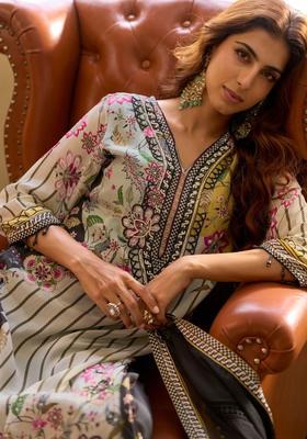 White Printed Silk Blend Kurta Set