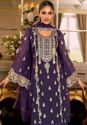 Purple Embroidered Organza Kurta Set
